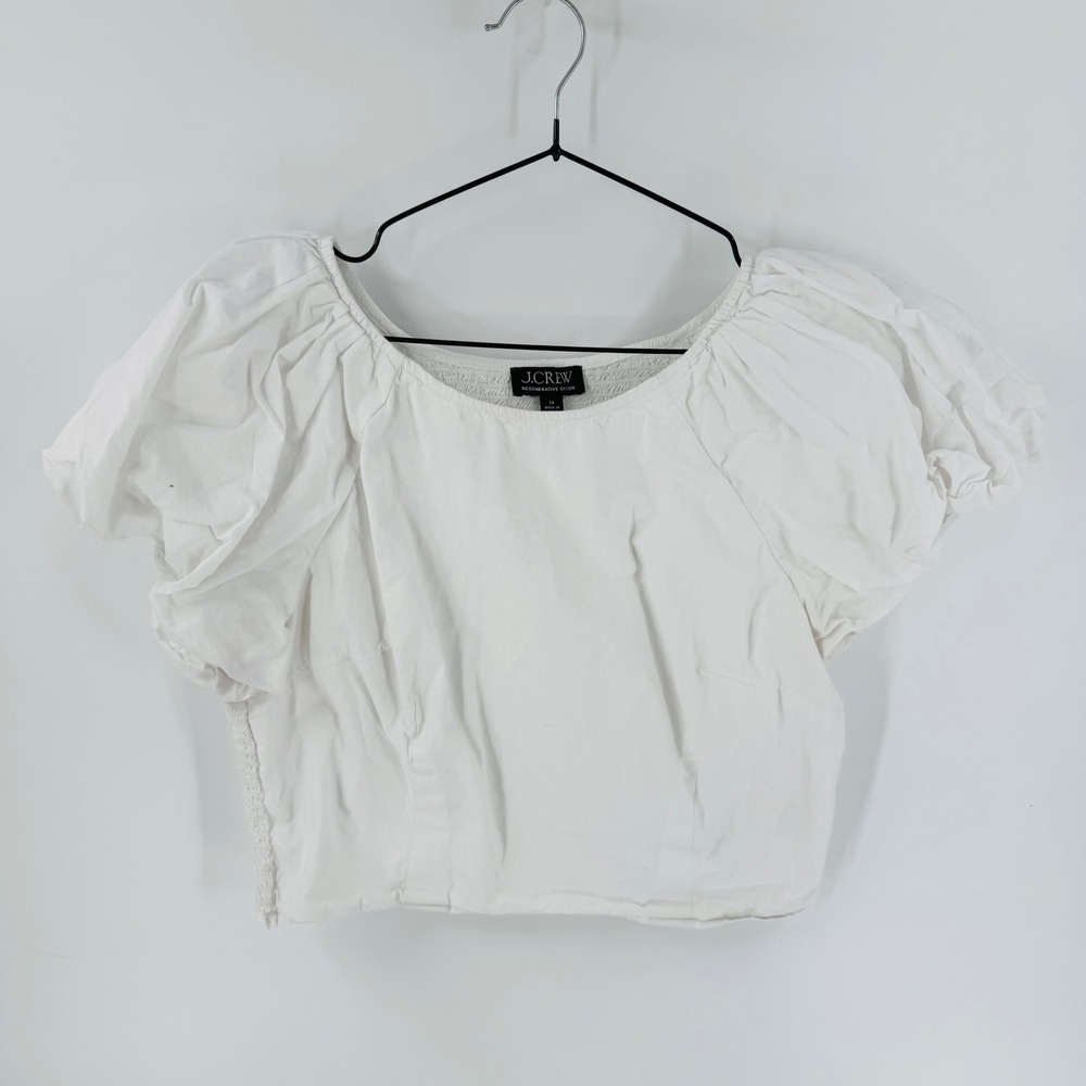 J. Crew White Cropped Puff Sleeve Top Size 14 Smocked Regenerative Cottin Poplin